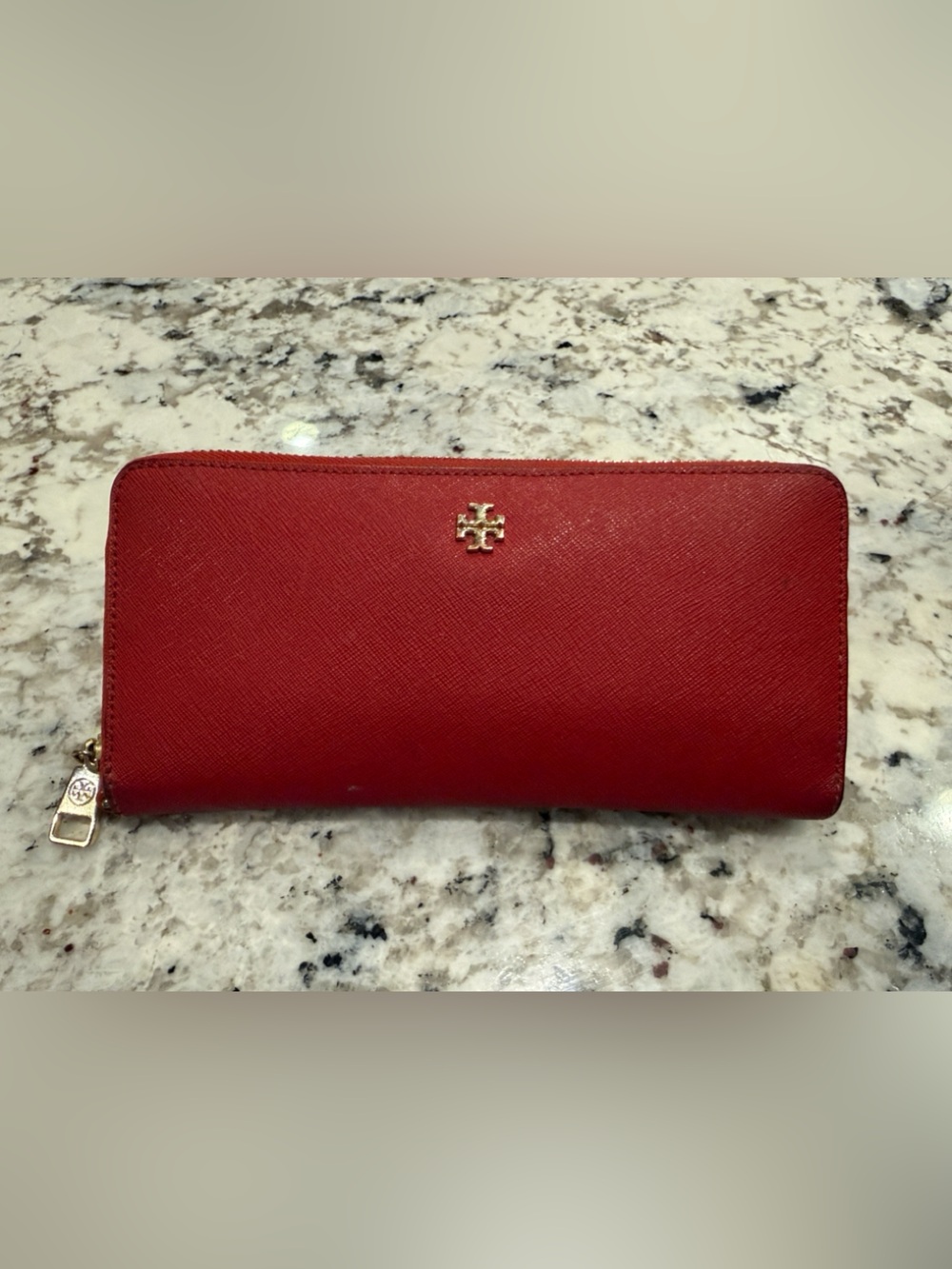 Tory Burch Red Zip-Around Saffiano Wallet with Gold Logo